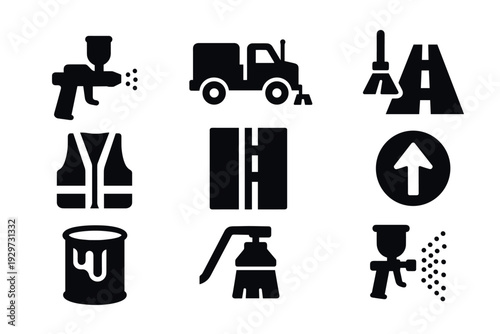 set of road construction and painting tools icons in black silhouette style