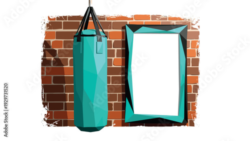 hanging turquoise punching bag with geometric design empty frame on brick wall background vector illustration