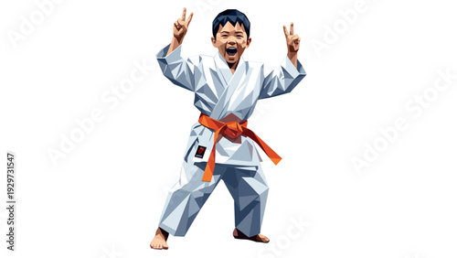 young boy in karate uniform with orange belt showing victory signs low poly style