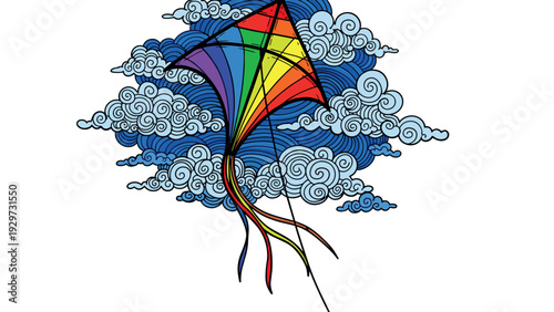 colorful rainbow kite with flowing tails flying above hand drawn swirl clouds illustration
