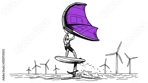 man wing foiling on water with wind turbines in the background hand drawn vector illustration