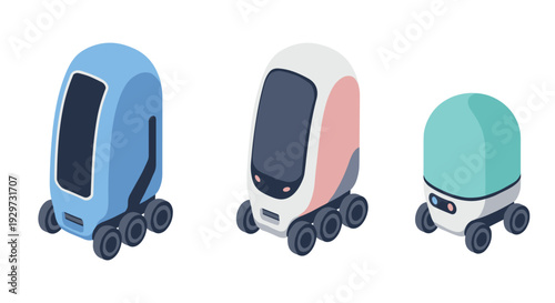 set of futuristic delivery robots with wheels in modern flat style