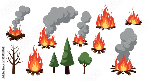 collection of hand drawn campfire flames with smoke and different tree types flat style fire icons