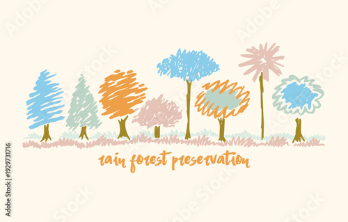 Illustration of stylized trees representing a rainforest.
