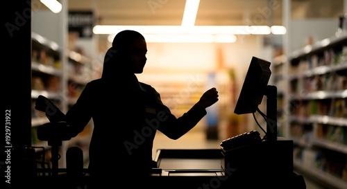 Silhouette of a person working at a store checkout counter in a grocery store
