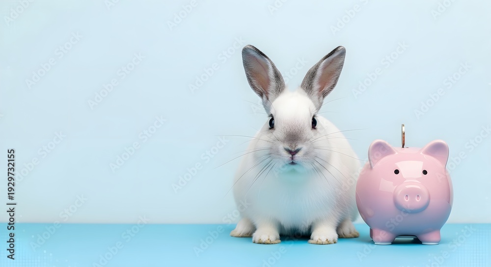 Fototapeta premium Happy easter bunny and piggy bank savings concept for kids