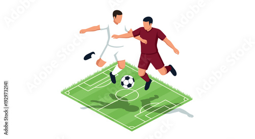 two soccer players jumping for the ball on a green soccer field isometric illustration