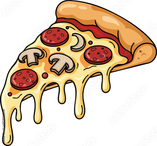Delicious cartoon pizza slice with melting cheese and savory toppings.