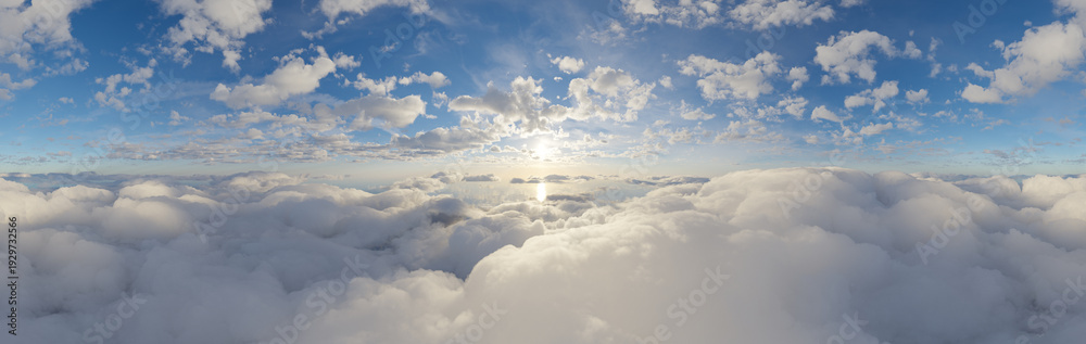 Naklejka premium Sunlit Fluffy Clouds Above the Horizon With Blue Sky Panorama and Serene Sunlight 3D Rendering