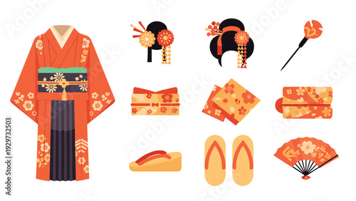traditional japanese kimono outfit set with floral patterns and accessories in flat design