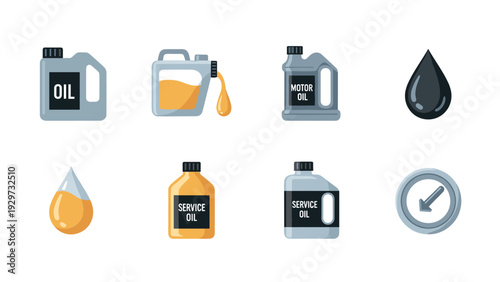 set of motor oil bottles and oil drop icons in flat style for automotive service