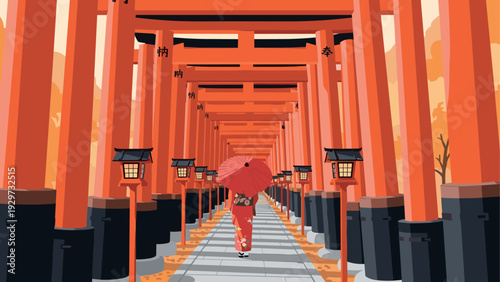 woman in traditional kimono holding red umbrella walking through torii gate tunnel in japan hand drawn illustration