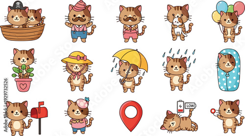 Kawaii Cute Cat Character Vector Icon Set Featuring Various Activities Like Sailing, Gardening, Traveling, Rainy Day, Tiredness, and Celebration for Stickers and Emoticons