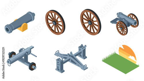 isometric set of historical cannons wooden wheels artillery and sunset background in flat design