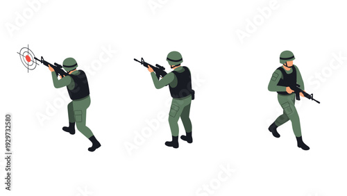 three soldiers in green uniform and helmet aiming and walking with rifles in flat style