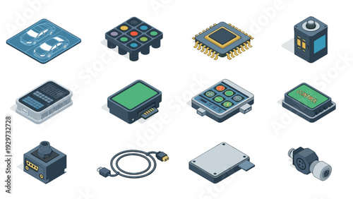 set of electronic components and hardware devices isometric hand drawn vector illustration