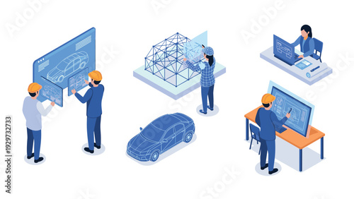 people working on car design and engineering with digital blueprints hand drawn isometric illustration
