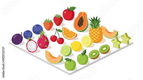 set of various fresh fruits in colorful flat isometric style including apples strawberries and pineapples