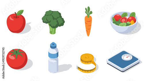 set of healthy food and fitness icons with hand drawn style for nutrition and weight management
