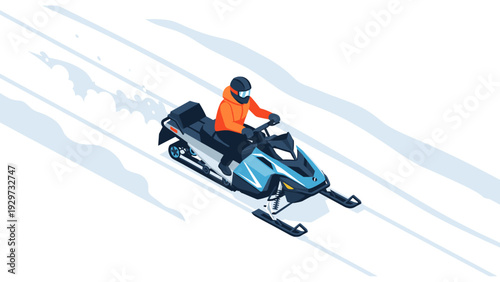 man riding snowmobile in winter landscape hand drawn vector illustration