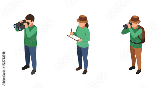 isometric people using binoculars and taking notes hand drawn vector illustration