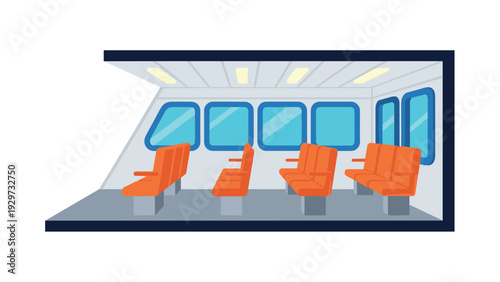 interior of a ferry or boat cabin with orange seats flat vector illustration