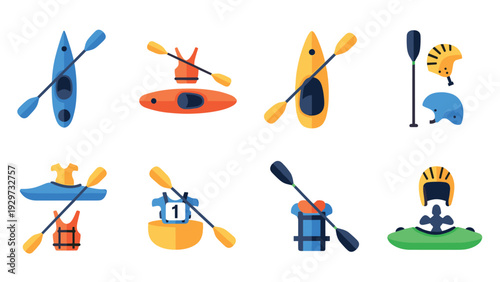 set of colorful kayaking equipment with boats paddles helmets and life jackets in flat design