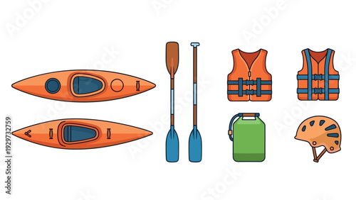 set of orange kayaks paddles life jackets helmet and green water container hand drawn outdoor water sports equipment