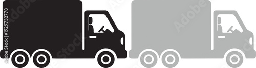 Collection of delivery trucks with drivers depicted in a simple vector graphic illustration style with a bold black truck and a grey halftone truck