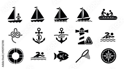 set of nautical and sailing hand drawn black silhouette icons including boats anchors lighthouse and swimming symbols
