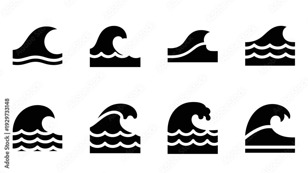 Obraz premium set of hand drawn ocean wave icons in black silhouette style for design and branding