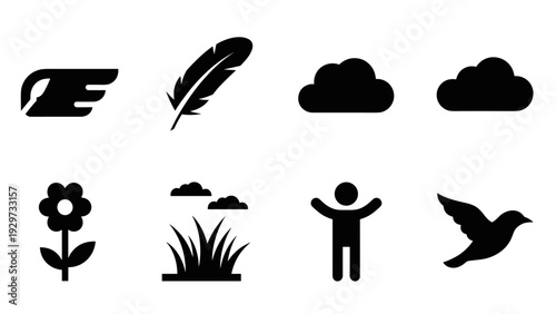 nature and human silhouette icons set with flowers grass clouds feather and bird in simple black style