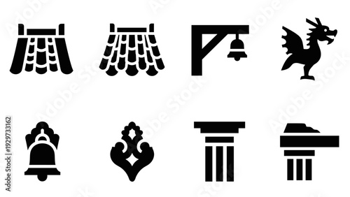 medieval architectural elements silhouette icon set with roof tiles bells dragon and pillars
