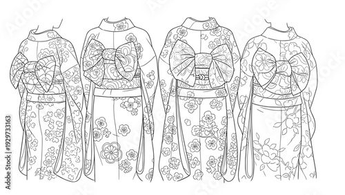 four women wearing traditional kimonos with floral patterns and large decorative obi bows hand drawn line art