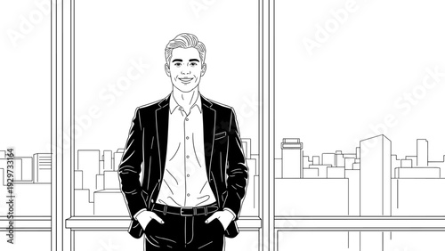 young businessman in suit standing with hands in pockets black and white line art illustration with cityscape background