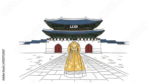 woman in traditional hanbok dress standing in front of historic korean palace hand drawn illustration