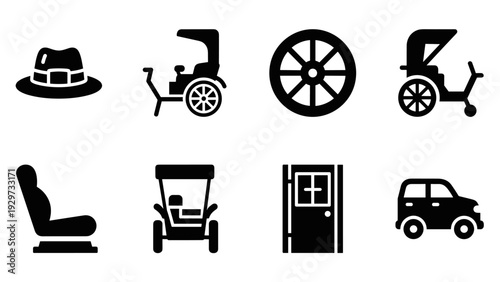 collection of black silhouette icons including hat wheelchair wheel carriage seat door and car in flat style