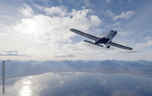 Small Airplane Flying Above Mountain Lake At Sunrise — 3D Rendering Aerial Scene