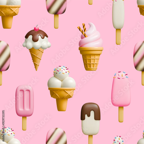 3d ice cream cone and stick vector seamless pattern background texture