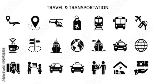 Collection of black and white vector illustration icons representing various modes of travel and transportation services.