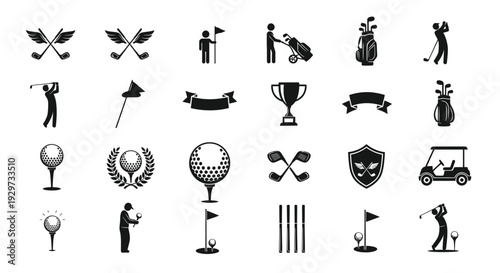 A comprehensive black and white vector illustration set of golf sport icons, equipment, and player symbols.
