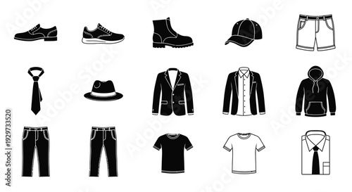 A vector graphic illustration displaying a comprehensive collection of essential men's clothing and accessory icons.