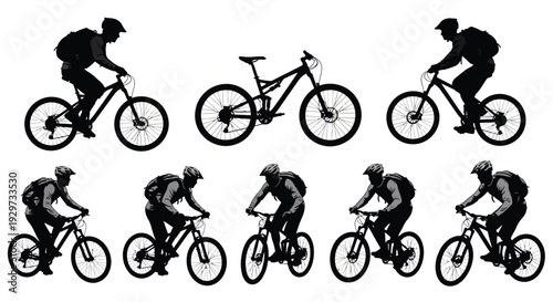 Collection of vector graphic silhouettes illustrating mountain bikers riding bicycles from different angles