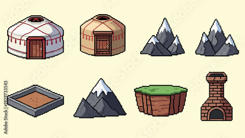 pixel art style yurts mountains brick fireplace and landscape elements set