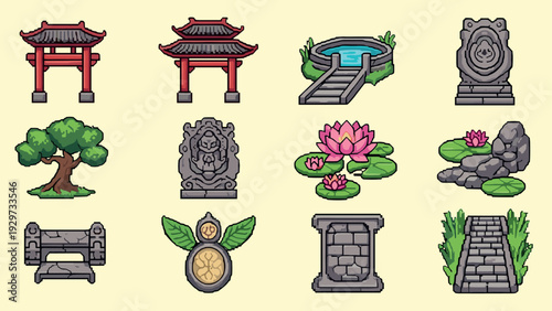 set of hand drawn asian garden elements with stone structures trees and lotus flowers