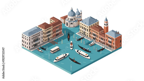isometric venice canal scene with gondolas and historic buildings hand drawn cityscape illustration