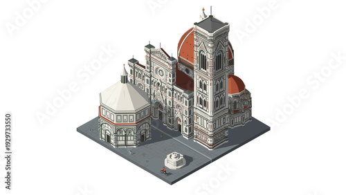 isometric illustration of florence cathedral complex with baptistery and bell tower detailed architecture urban scene