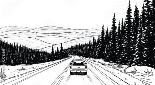 Car drives along a winding road through a vast forest and towering mountains, a captivating vector illustration.