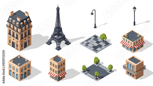 isometric paris city buildings eiffel tower and street elements set in flat style