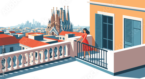 woman in red dress standing on balcony overlooking barcelona cityscape with sagrada familia in modern flat style
